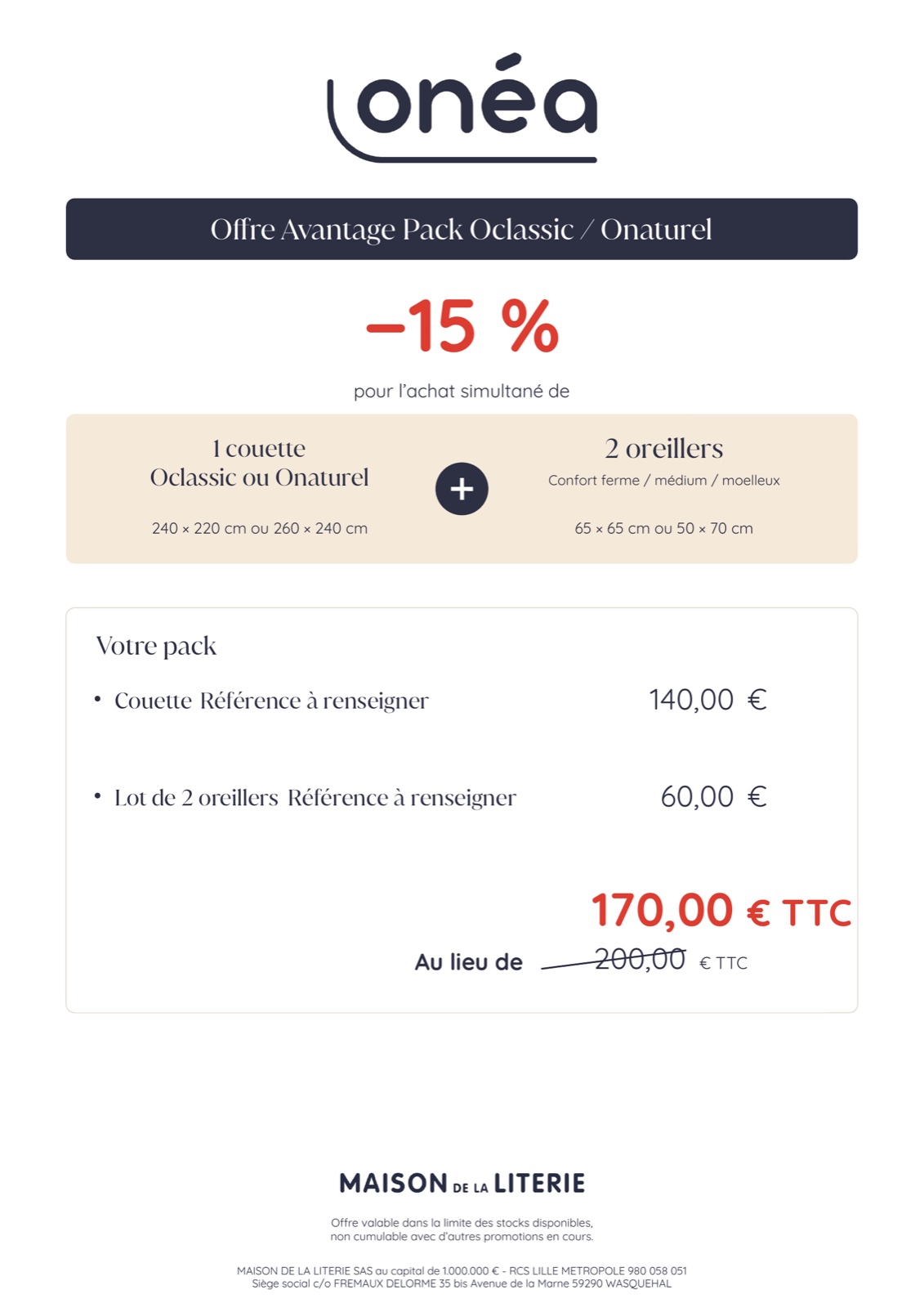 Fiche Onéa à plat, version pack couette et oreillers.