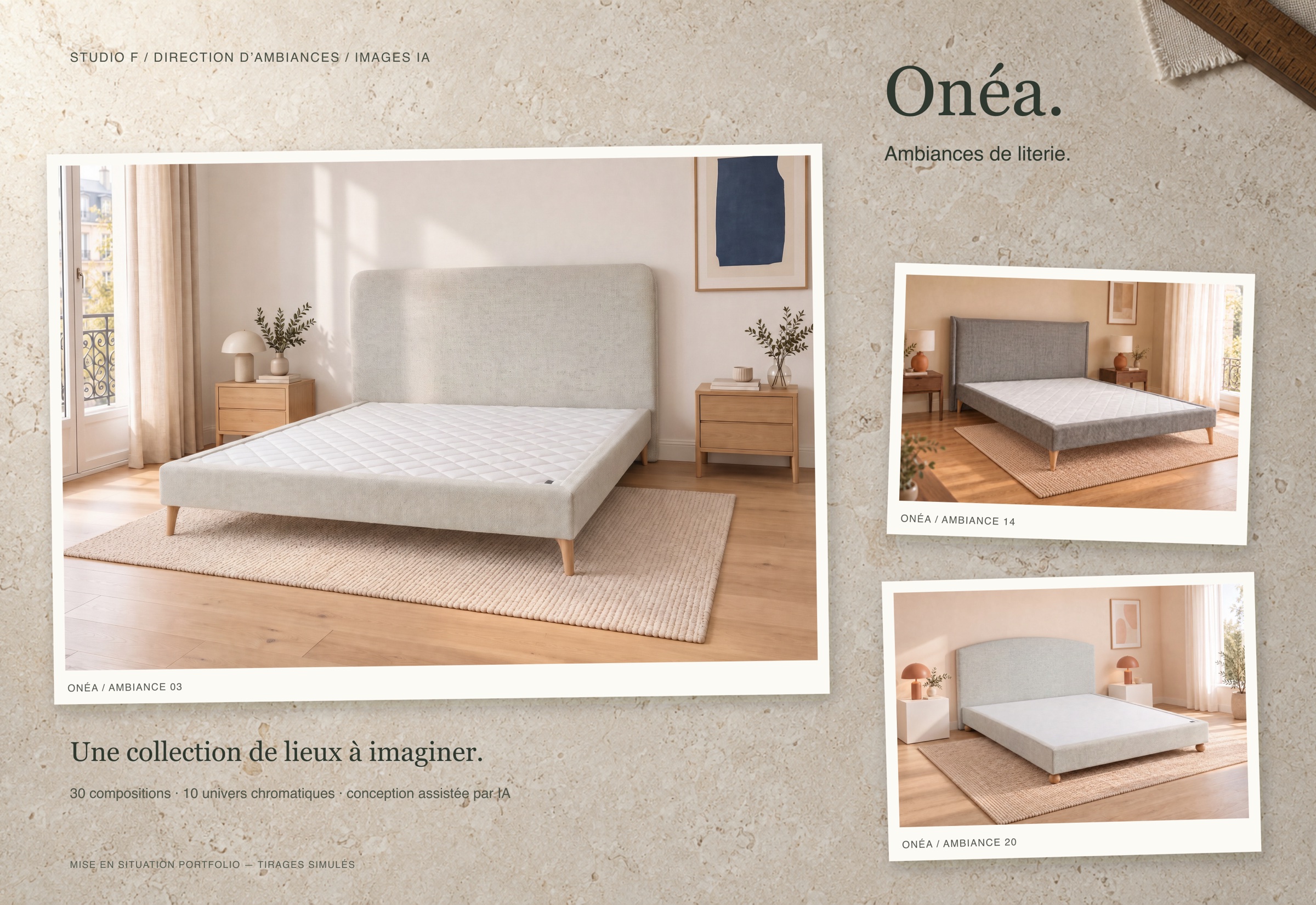 Trois ambiances de chambre Onéa présentées en tirages sur une table.