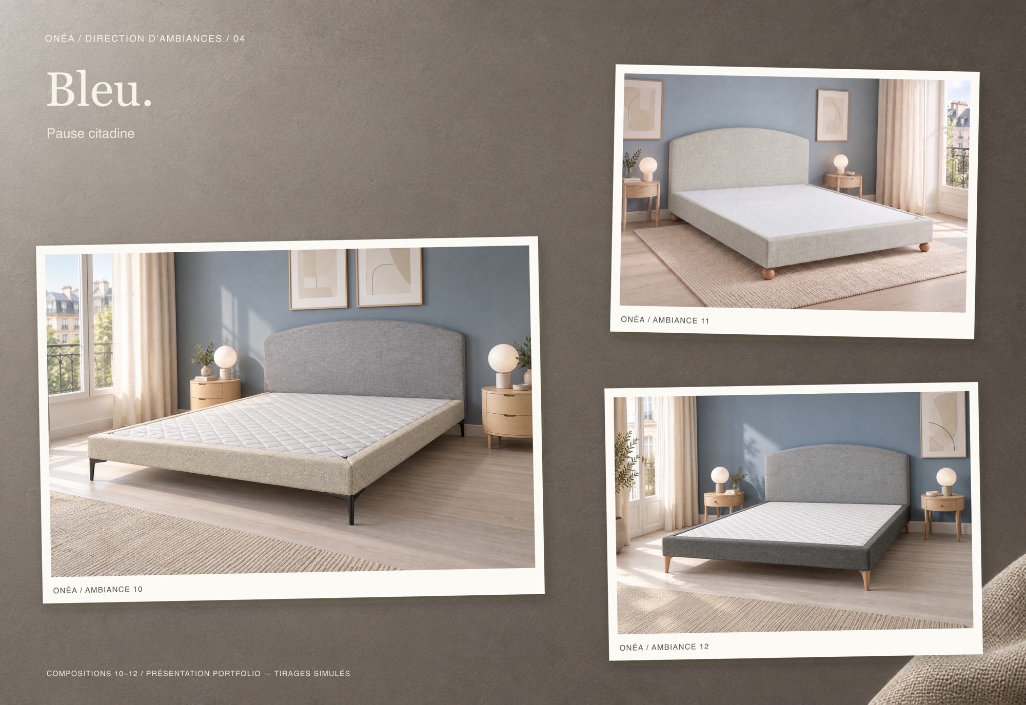 Trois ambiances de chambre de la famille Bleu, en tirages.