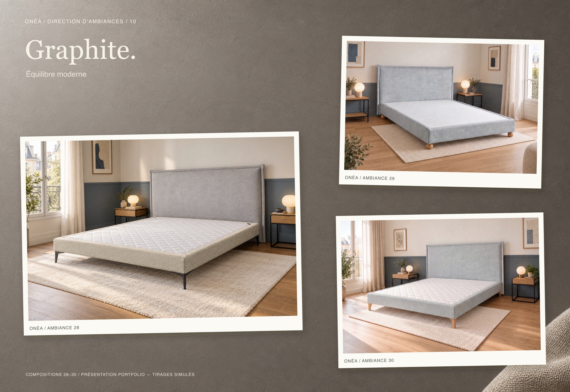 Trois ambiances de chambre de la famille Graphite, en tirages.