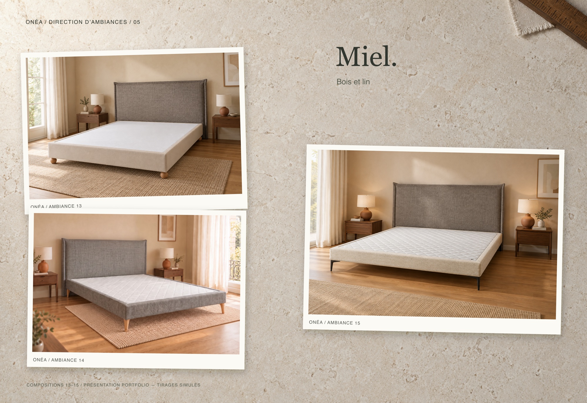 Trois ambiances de chambre de la famille Miel, en tirages.