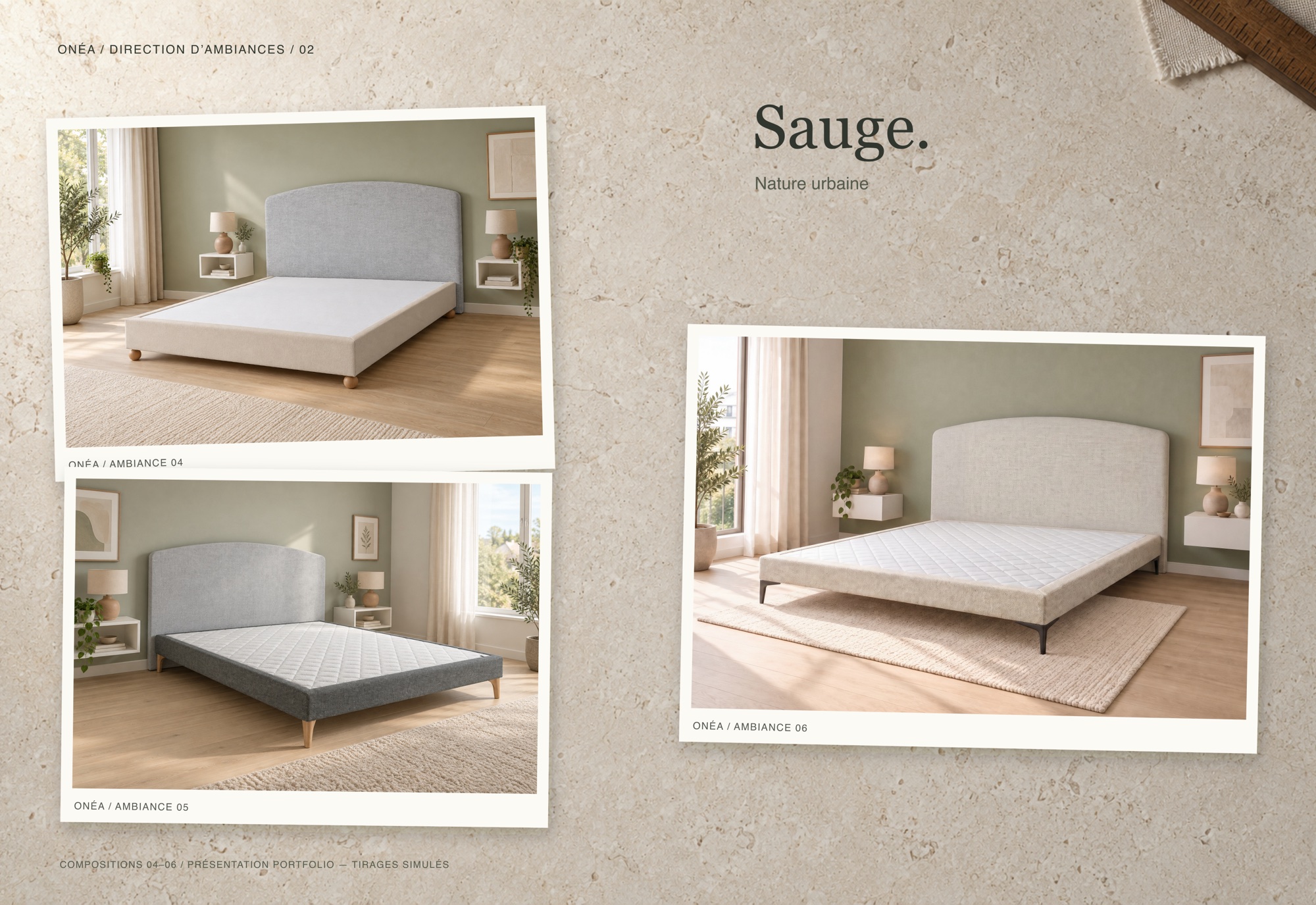 Trois ambiances de chambre de la famille Sauge, en tirages.