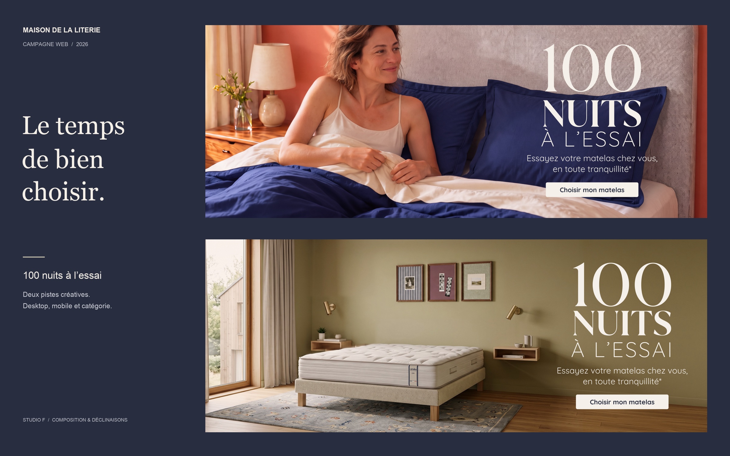Les visuels 100 nuits à l’essai déclinés en bannières desktop, mobile et push catégorie.