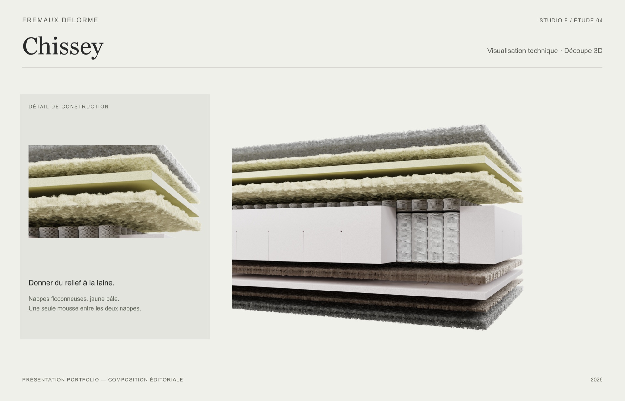 Coupe 3D du matelas Chissey avec sa laine floconneuse.