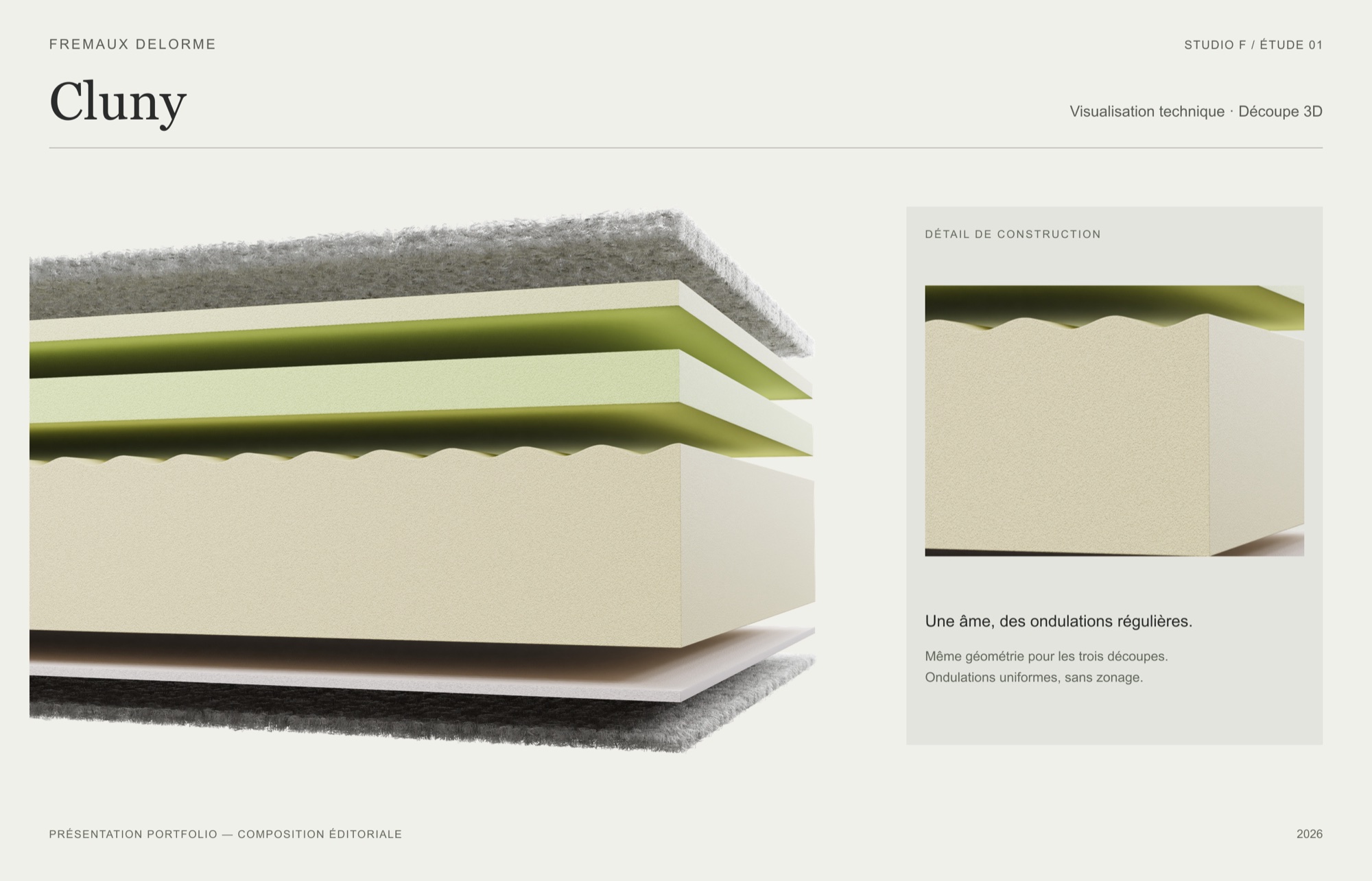 Coupe 3D du matelas Cluny avec son âme ondulée.