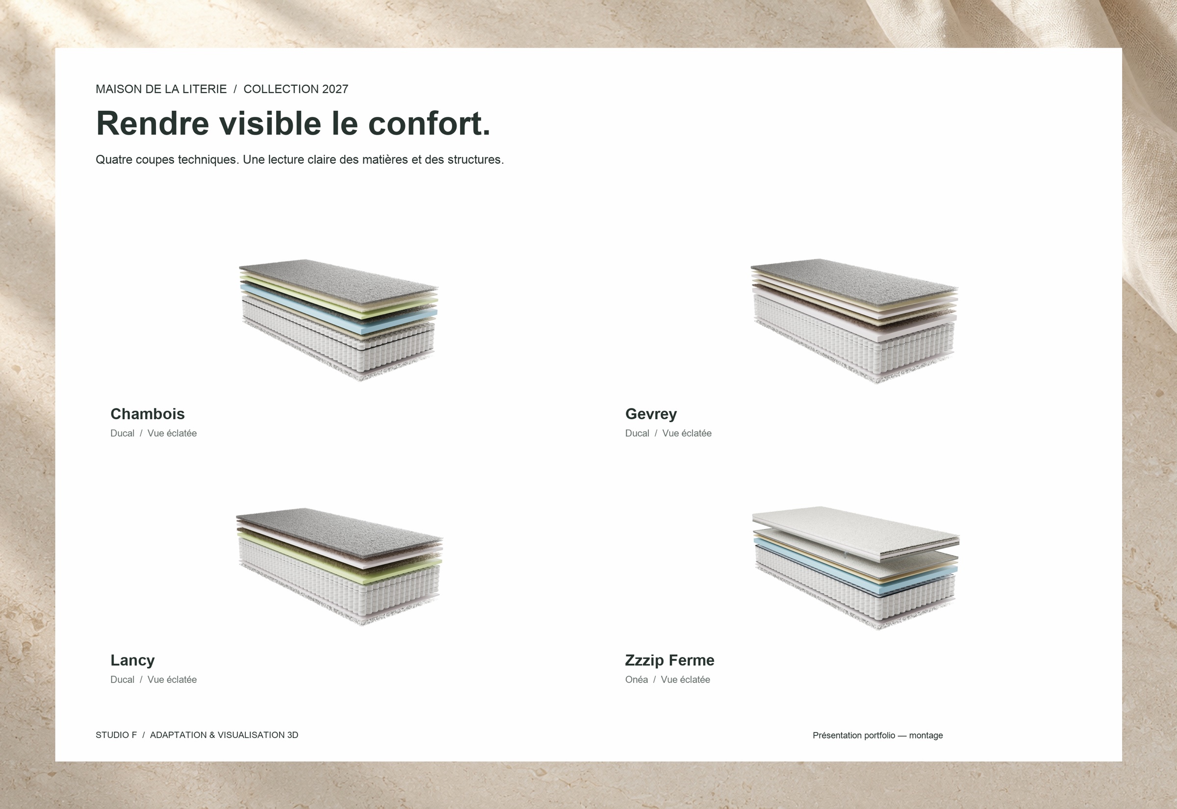 Planche des coupes 3D des matelas Chambois, Gevrey, Lancy et Zzzip Ferme.