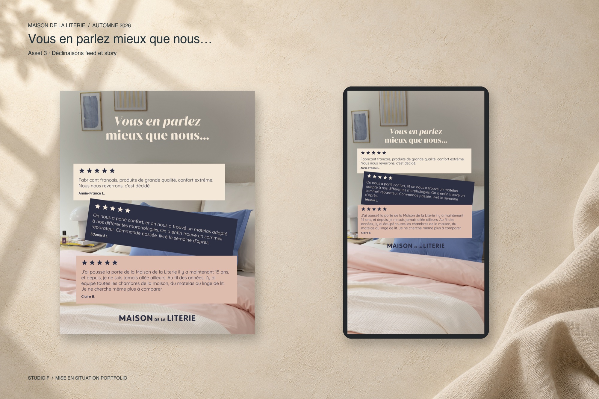 Création avec des avis clients, en format feed et en format story.
