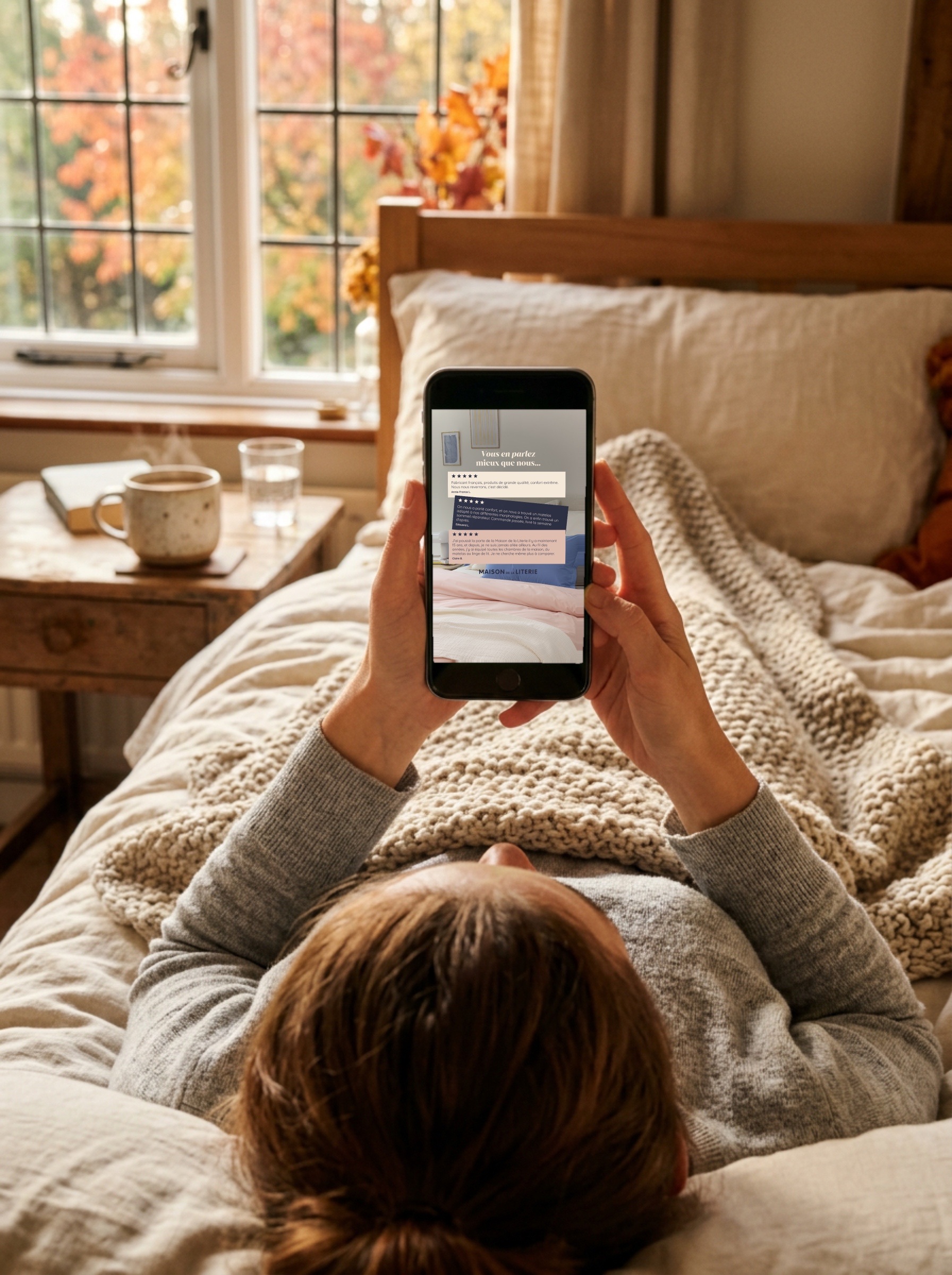 Story Maison de la Literie avec des avis clients, sur un téléphone tenu au lit un matin d’automne, mise en situation.