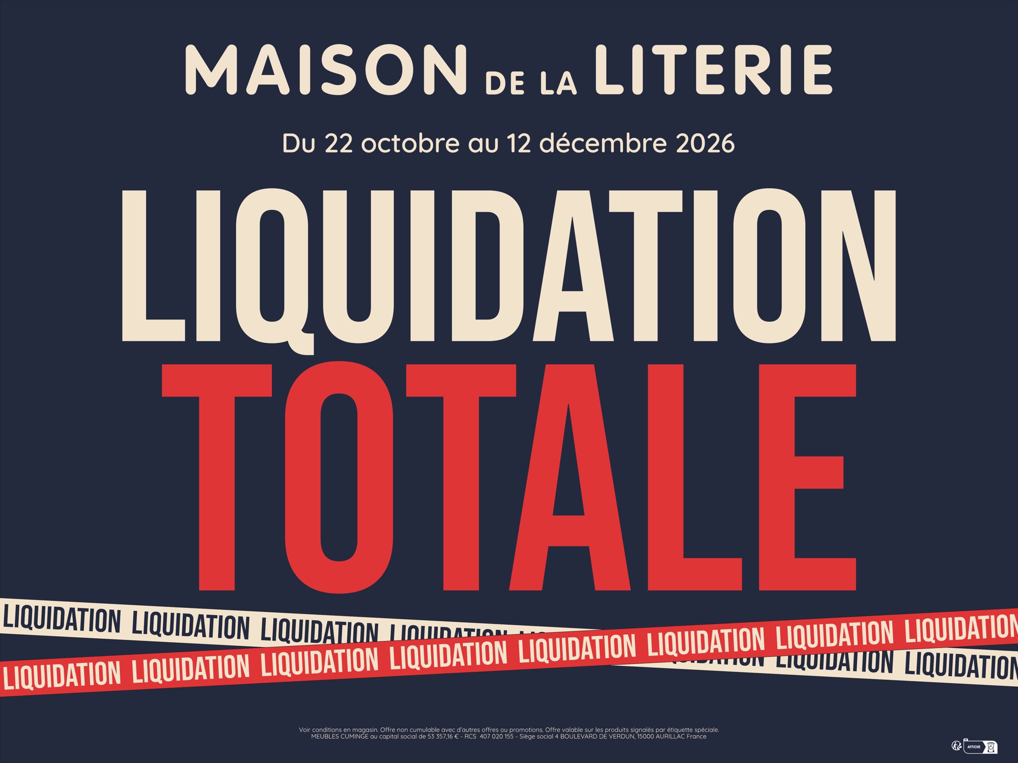 Affiche Liquidation totale à plat, au format 200 × 150 cm.