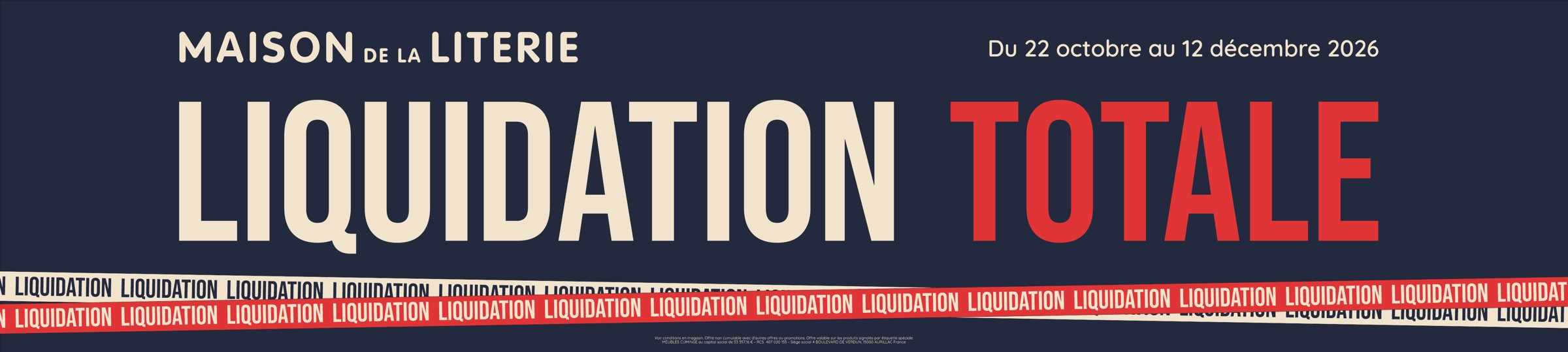 Banderole Liquidation totale à plat, au format 400 × 90 cm.