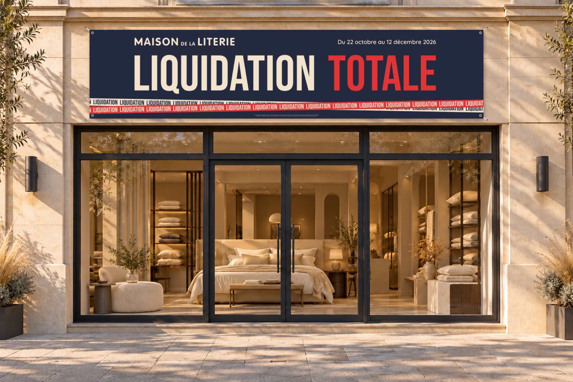 Banderole Liquidation totale sur la façade d’un magasin Maison de la Literie, mise en situation.