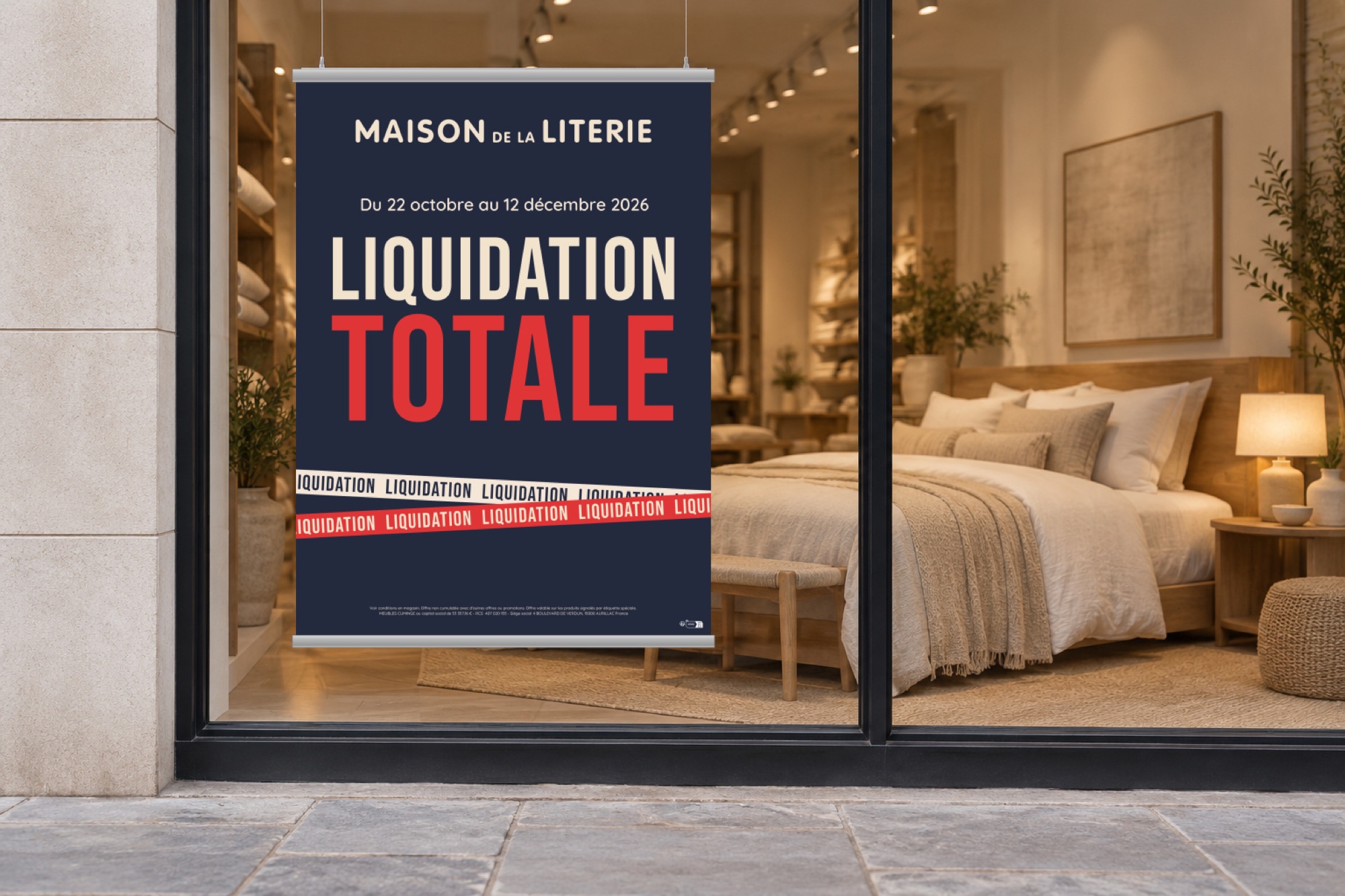 Affiche Liquidation totale dans une vitrine de magasin.