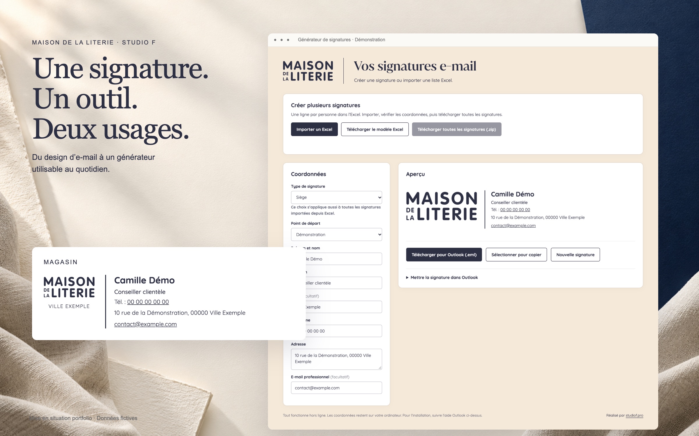 Générateur de signatures e-mail Maison de la Literie et aperçu d’une signature, avec des données de démonstration.