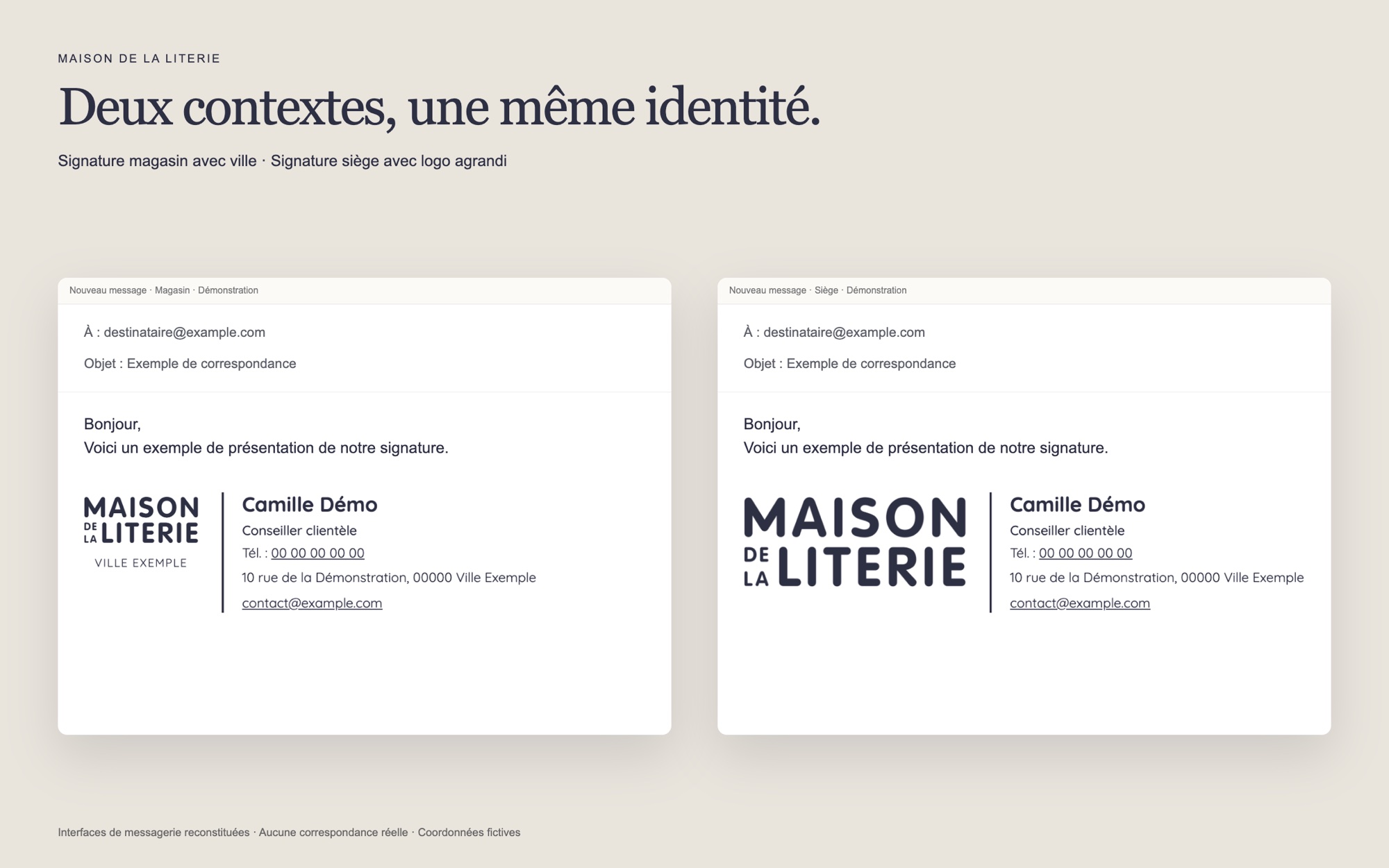 Signatures e-mail magasin et siège, avec des données de démonstration.