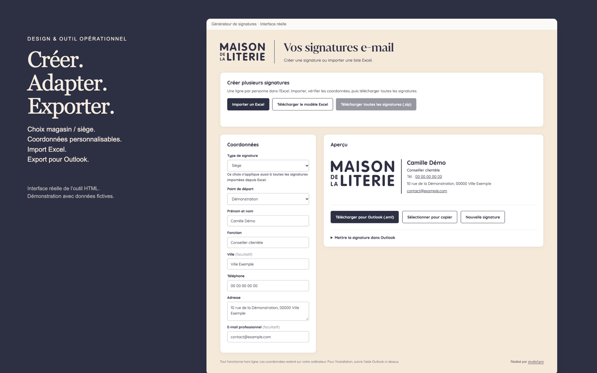 Le générateur de signatures : champs à remplir et aperçu.