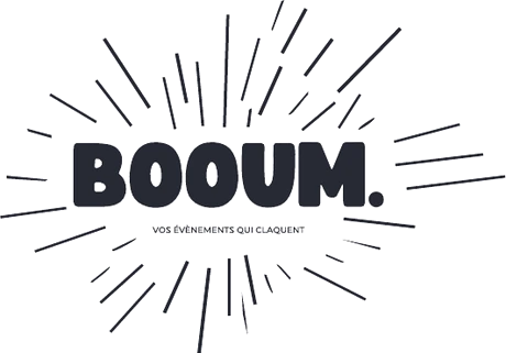 Logo BOOUM avec les traits d'explosion et la signature Vos événements qui claquent