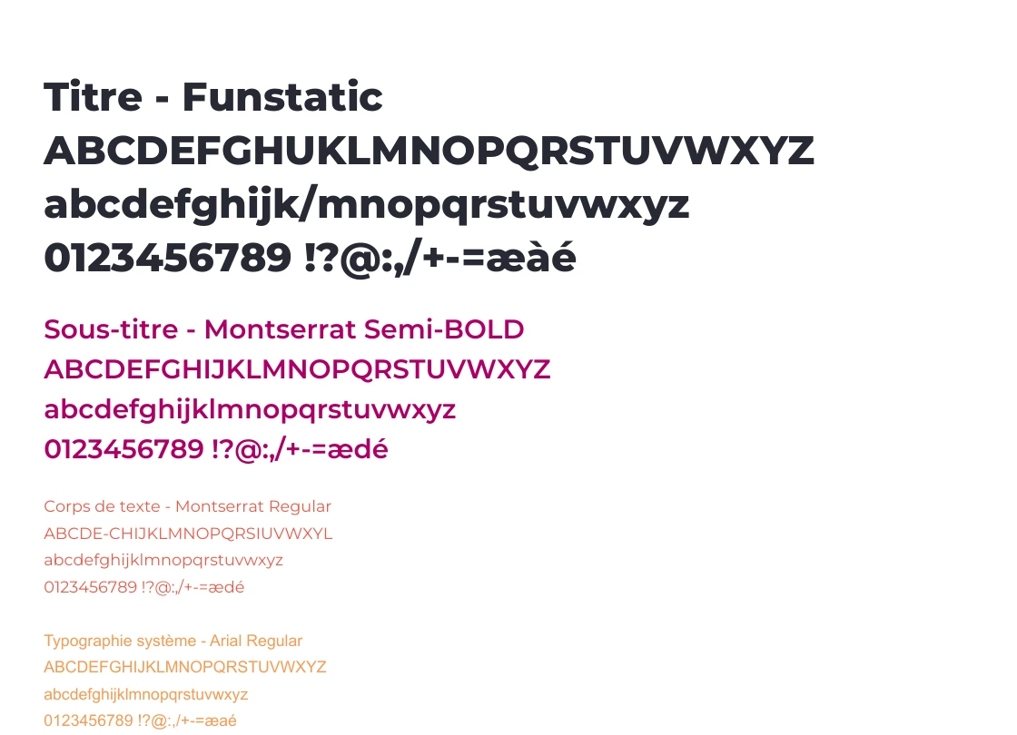 Spécimens des typographies Funstatic, Montserrat et Arial