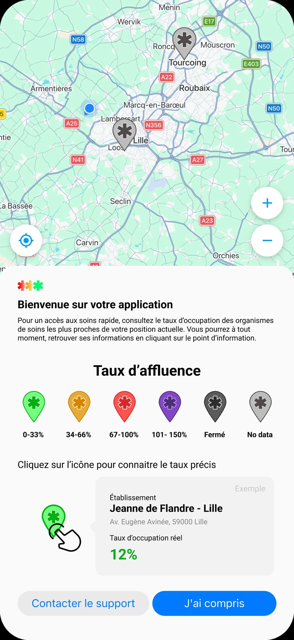 Écran de recherche et légende des niveaux d’affluence