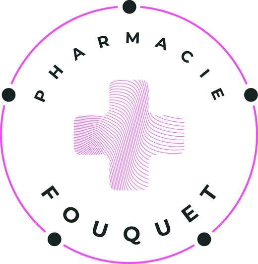 Logo Pharmacie Fouquet, croix magenta en lignes fluides dans un sceau